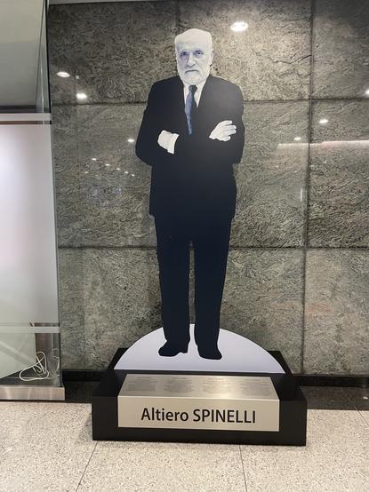 A cardboard statue of Altiero Spinelli
