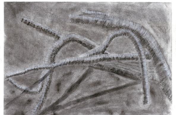 An unskilled drawing of some oddly shaped sticks, piled haphazardly, against a black background. It's drawn on black paper using white charcoal, with some black charcoal highlights.