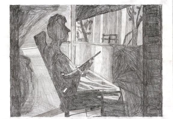 An unskilled black and white pencil drawing of a woman in a rocking chair on a porch, holding a shotgun. She is on the shadowy half of the porch, only visible as a darker shadow. There are trees visible beyond the porch.
