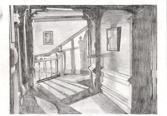An unskilled black and white pencil drawing of an usptairs hallway. The wainscoting projects many shadows. There are a couple vague paintings on the walls, and the top of a staircase in the distance.