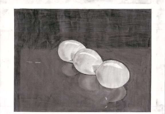 An unskilled black and white pencil drawing of three eggs. They're sitting on a dark surface against a darker background. Each egg is slightly behind and to the left of the previous one. The eggs cast slight reflections on the surface below.