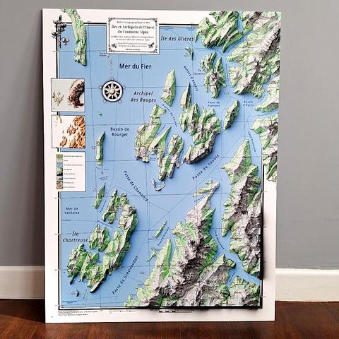 carte géographique des Alpes du Nord, avec un niveau de la mer mille mètres au-dessus du niveau réel.