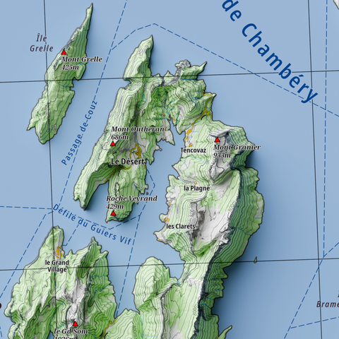 carte géographique des Alpes du Nord, avec un niveau de la mer mille mètres au-dessus du niveau réel. Détail.