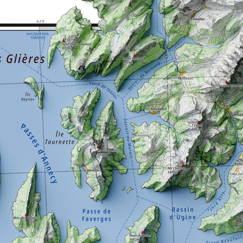 carte géographique des Alpes du Nord, avec un niveau de la mer mille mètres au-dessus du niveau réel. Détail.