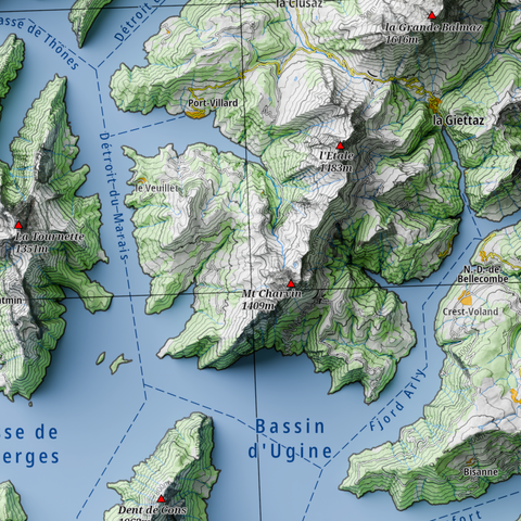 carte géographique des Alpes du Nord, avec un niveau de la mer mille mètres au-dessus du niveau réel. Détail