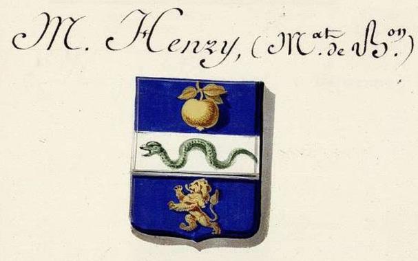 Dessin en couleur des armoiries du baron Henry : "d'azur à la fasce d'argent chargé d'un serpent rampant de sinople, accompagné en chef d'une pomme d'or et en pointe d'un lion du même"
Armoiries en 3 parties horizontales :
- une pomme d'or sur fond bleu
- un serpent vert avec la gueule ouverte à gauche sur fond blanc
- un lion d'or sur fond bleu