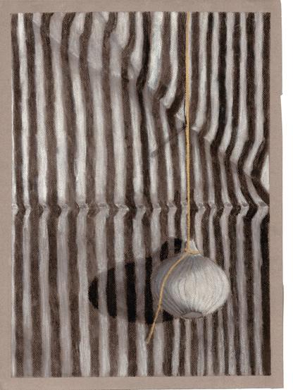 An unskilled black and white pencil drawing of an onion. It's dangling from a string tied around the top, against a vertically striped cloth backdrop. The cloth has some creases where it must have previously been folded. The creases skew the striped pattern.