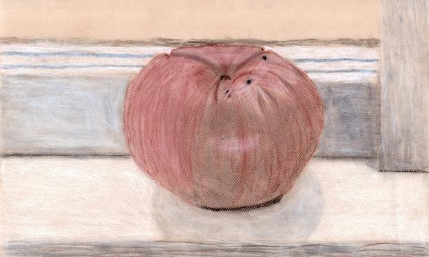 An unskilled color pencil drawing of a red apple sitting on a blue windowsill. It's pretty close up, only a little bit of the closed windowpane is visible above the wooden window frame. The apple is a particularly squat one, almost looking more like a tomato. It has a few blemishes, black spots, around the top.
