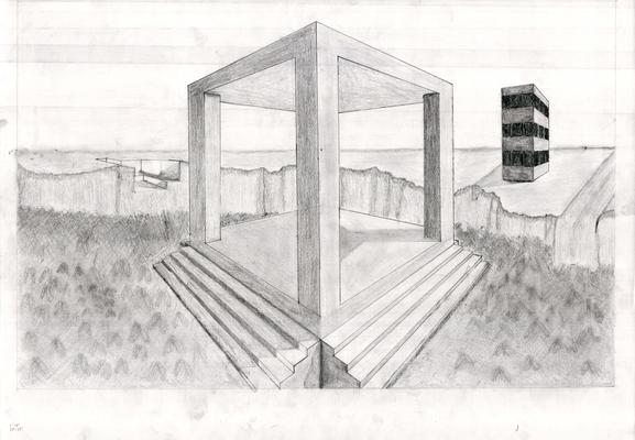 An unskilled black and white pencil drawing of a surreal landscape. In the foreground, a low forest. In the background, a tall flat plateau. A massive square platform rises above the foreground trees, seen at an oblique angle. It has wide stairs leading up to each side, and a roof held up by four pillars. A skyscraper sits on the background plateau, to the right, seeming small or distant. A quarry is cut into the edge of the plateau on the left.