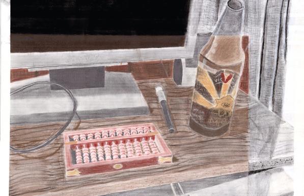 An unskilled pencil drawing of a small, cluttered computer desk. Two thirds of the drawing, the bottom left portion, are in color. The rest is black and white. The desk is brown faux wood. The front of the desk has a small red suanpan-style abacus, a lidded black pen, and an open brown beer bottle sitting on it. The beer is a Golden Monkey from Victory Brewing. The back of the desk holds a small speaker and a computer monitor. Part of a black cord loops in and out of view on the left. Some ruffled red curtains are visible in the back right.
