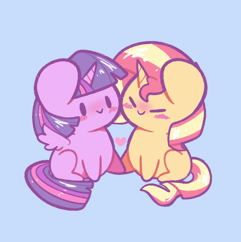 Art of a chibi Twilight Sparkle and Sunset Shimmer squeezed up close together and holding hooves.