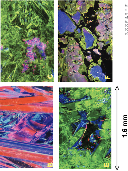 Cathode-luminescence images of the mineral jadeite. Colour changes indicate changes in trace-element or defect concentrations. The jadeite crystals first grew with red- or blue- colours, then are rimmed with green CL with increases in Ca, Mg, and Cr. All images have a FOV of 1.6 mm.