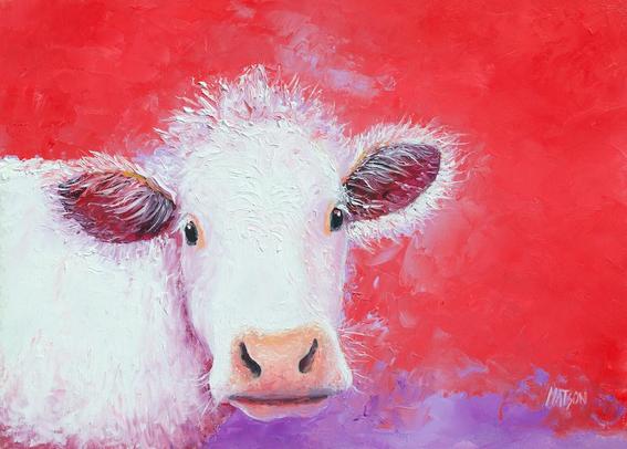 An oil painting portrait of a beautiful white Charolais cow on bright red background. The young cow is facing the viewer and has a soft gentle face.