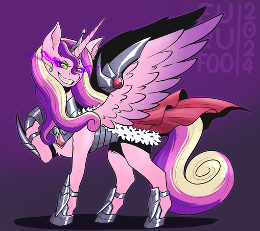 An illustration of an alternate universe version of Princess Cadance. She smiles evily towards the camera, her eyes gleaming with dark magic indicating that she is posessed by King Sombra. In fact, she wears armor reminiscent of him, with a cold, dark, metal look adorned with a red cape that billows in the wind.