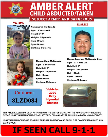 Flyer with description of two missing kids, subject armed and dangerous, 2020 Gray Hyundai Elantra CA plate 8LZD084