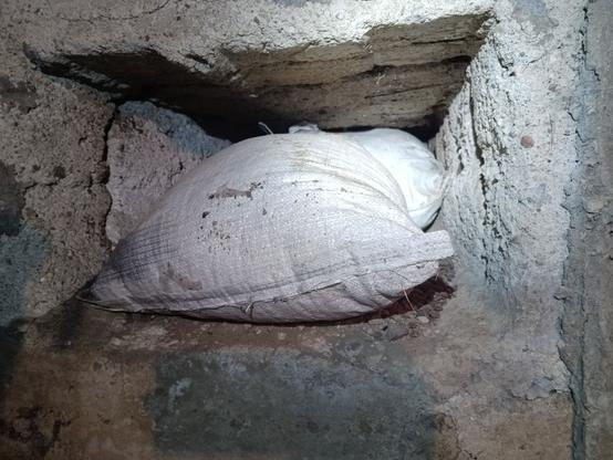 The chute with the steel mesh removed. Two PP chicken food sacks of something (probably straw) are stuffed into the hole as insulation. There's a rodent's supply of gnawed open seeds on the right. The foundation wall is very thick, as thick as two chicken food sacks lengthwise.