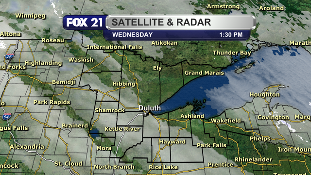 The satellite and radar over the Northland at 1:30 p.m. on Wednesday, January 29, 2025, shows a mixture of cloud cover and clear skies.  The sunshine is being primarily seen in the eastern half of the region, with some pockets of cloud break in the western half of the Iron Range and Rainy River Basin regions.