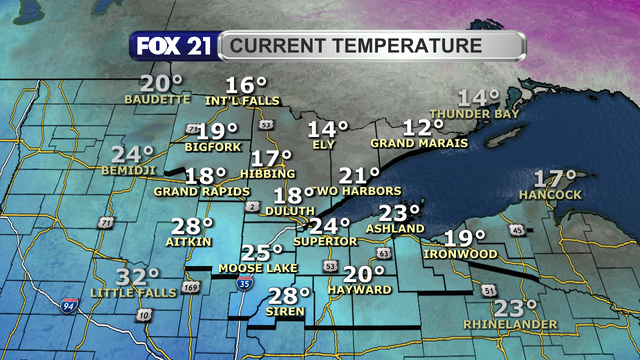 Temperatures in the Northland just after 1 p.m. on January 29, 2025, range from 12 to 28 degrees Fahrenheit.
