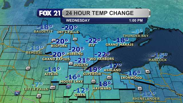 When compared to 1 p.m. on Tuesday, January 28, 2025, temperatures in the Northland during the early afternoon hours Wednesday are colder by 12 to 22 degrees Fahrenheit.
