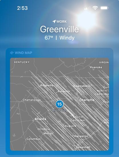 A screenshot from the Apple Weather app showing long diagonal white streaks over the Southeastern United States.