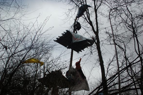 Waldbesetzer*innen stehen auf Plattformen mit Bannern und einer schwarzen Fahne am Mast.