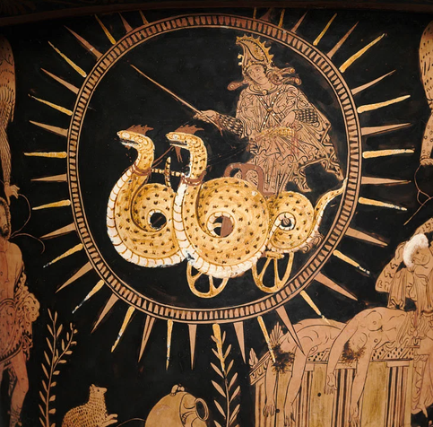 Medea flying on her chariot, as depicted on a Lucanian red-figure krater, c. 400 BCE.