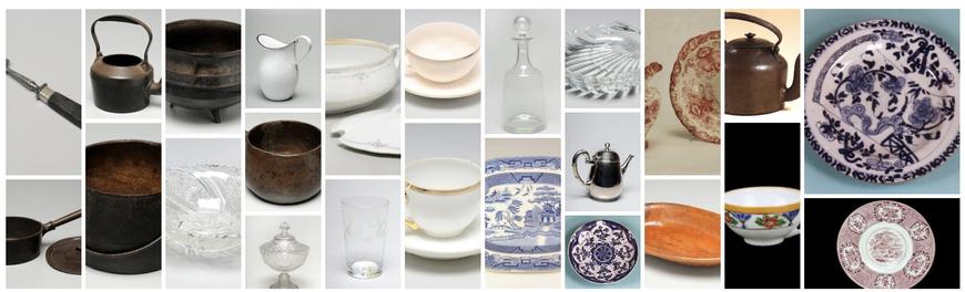 The image shows a collage of many kitchen tools, including dishes, terrines, cutlery, pots, stoves, and many other utensils and tools, objects that provide a snapshot of culinary habits and practices in Brazilian homes.