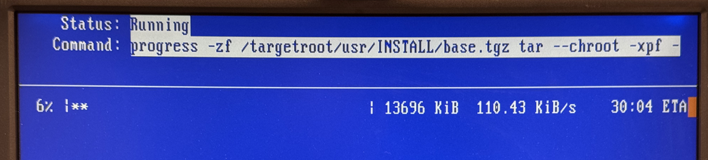 Screenshot from installer. Shows base.txz being extracted, at a speed of 110 KB/s. ETA given is about 30 minutes, which turned out to be relatively accurate.