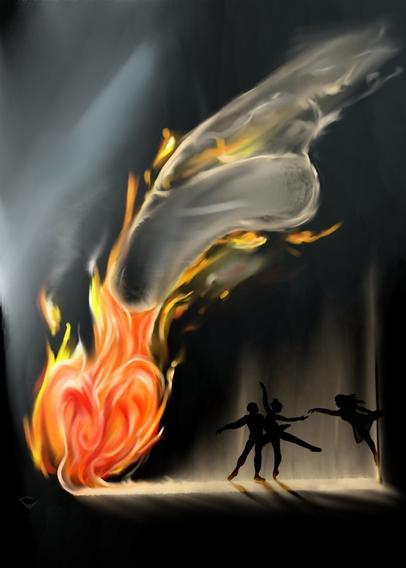 Une scène de ballais dans l'ombre, uniquement éclairé par un immense cœur enflammé dont la fumée dessine un pied de danseureuse.
Le cœur se trouve tout à gauche de la scène. 
À sa droite, trois personnage en ombre chinoise dansent.
Parmi ces trois, le personnage le plus à gauche semble masculin. Il tient par la taille une ballerine qui regarde et tant le bras vers le troisième personnage, tout à droite de la scène. Il s'agit d'une danseuse de pole danse qui rand à la ballerine son regard et son geste.

L'ensemble figure la beauté, la passion et la douleur liée à la danse.