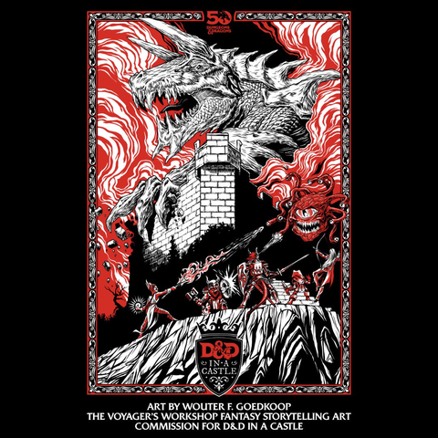 A digital ink hand drawn poster illustration in black, red & white depicting a party of adventurers battling a beholder in the foreground with a tarrasque attacking a castle in the background.