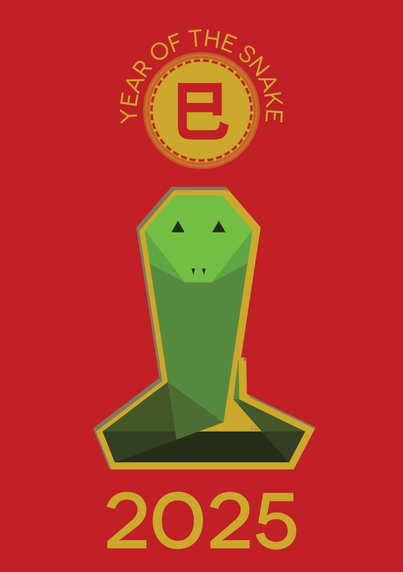 A red background with a geometric snake, in shades of green, made to resemble paper cutouts, below it is gold text, "2025", above is a round medallion with the Chinese symbol for Snake inside of it, and outside around the top half, following the curve of the medallion reads, "YEAR OF THE SNAKE"