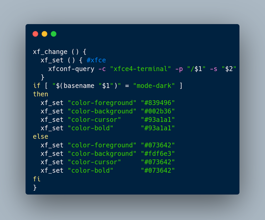 Bash code snippet to change xfce4-terminal from light to dark theme:
xf_change () {
  xf_set () { #xfce
    xfconf-query -c "xfce4-terminal" -p "/$1" -s "$2"
  }
if [ "$(basename "$1")" = "mode-dark" ]
then
  xf_set "color-foreground" "#839496"
  xf_set "color-background" "#002b36"
  xf_set "color-cursor"     "#93a1a1"
  xf_set "color-bold"       "#93a1a1"
else
  xf_set "color-foreground" "#073642"
  xf_set "color-background" "#fdf6e3"
  xf_set "color-cursor"     "#073642"
  xf_set "color-bold"       "#073642"
fi
}