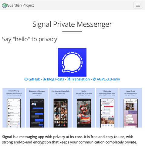 Screenshot dela pagina que habla sobre Signal en la pagina de Guardian Project