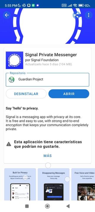 Screenshot de Fdroid con Signal desde repo de GuardianProject
