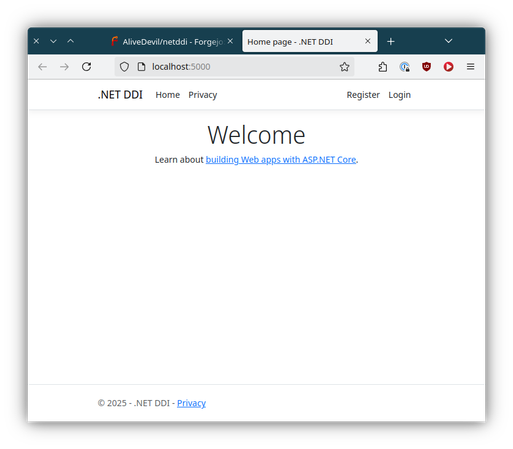 ASP.NET Default Razor Pages Template website.
Hosted on localhost:5000, called .NET DDI.
Menu Home, Privacy, Register Login
Heading Welcome
Learn about building Web apps with ASP.NET Core.