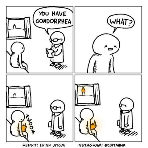 Four panel comic. Doctor standing and patient sitting down with a window behind them.
Panel 1: Doctor "You have Gondorrhea"
Panel 2: Closeup of patient. Patient "What?"
Panel 3: Fire comes out of patient's stomach "Fwoom"
Panel 4: Patient and Doctor look at window. Fire is ignited on a tower out the window.