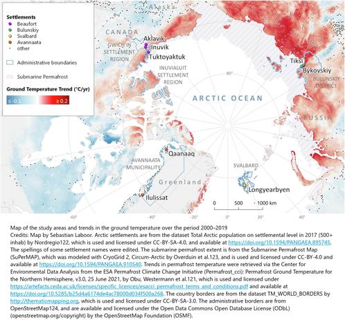 map - Map of the study areas and trends in the ground temperature over the period 2000–2019