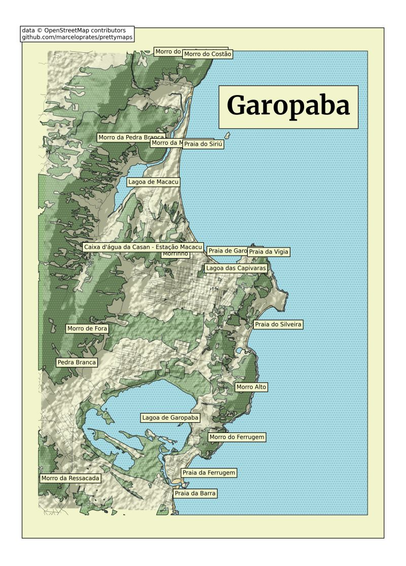 Annotated map of Garopaba seaside region in Brazil showing off PrettyMaps library