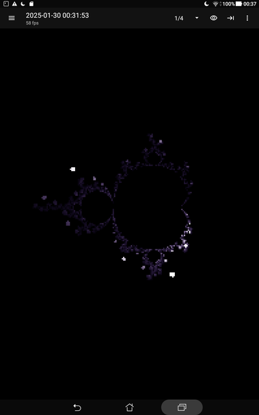 boundary of mandelbrot set and some nearby discs in shades of purple, pixelated.