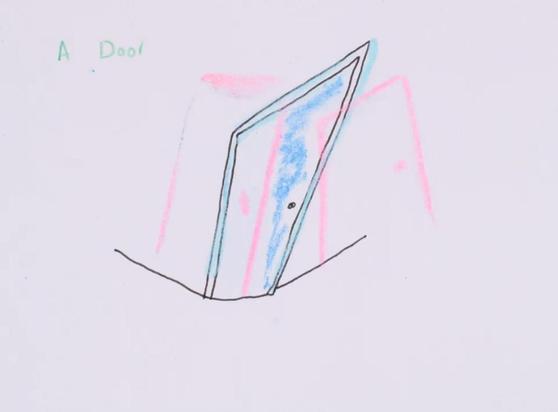 A still from the film,  a handrawn image of a distorted door in pastel colors.