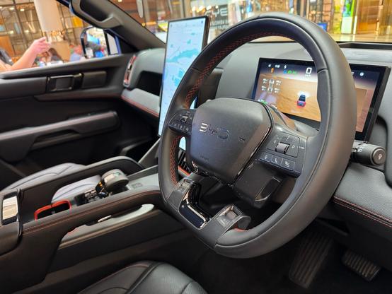 Interior of BYD Shark showing main screens and steering wheel
