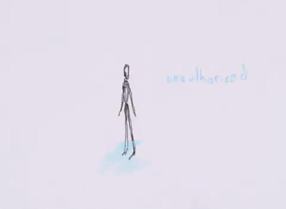 A stick figure stands in the middle of the screen, the word 'unauthorized' floats nearby.