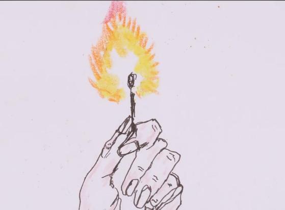 A drawing of a hand holding a lit match