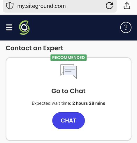 A “go to chat” message in the Siteground website stating that the wait time is 2 hours and 28 minutes.