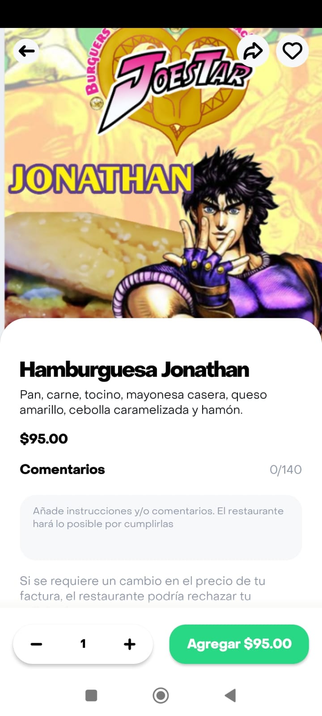 Es un promocional de una hamburgueseria local con temática de jojos: Hamburguesa Jonathan: pan carne tocino, mayonesa casera, queso amarillo, cebolla caramelizada y hamón