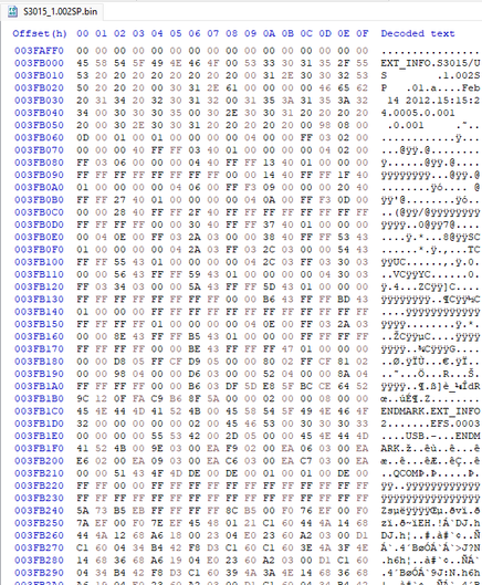 A hex editor screenshot of the recently dumped Kyocera Brio, specifically version 1.002SP branded to Sprint.
Text of note reads the following: "EXT_INFO S3015/US 1.002SP 01.a Feb 14 2012 15:15:24 0005"