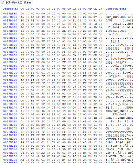 A hex editor screenshot of the recently dumped Sanyo Incognito, specifically version 1.001SP branded to Sprint.
Text of note reads the following: "EXT_INFO SCP-6760/US 1.001SP 05.a Oct 27 2009 23:26:41 0055 0.012 0.013"