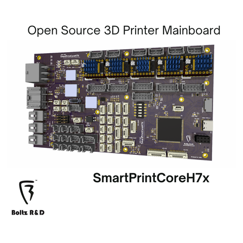 The mainboard on a white background with the title "Open Source 3D Printer Mainboard" on top. Bellow the mainboard, on the left, there is the "Bolt R&D" logo and on the right its name "SmartPrintCoreH7x".
