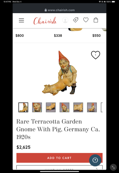 An advertisement for a 1920's terracotta garden gnome that appears to be fucking a pig, via an advertisement on Instagram
