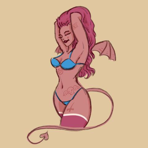 Pink Female with curly tail and bat wings. Smiling, Arms raised and folded behind head, wearing blue bra and panties.